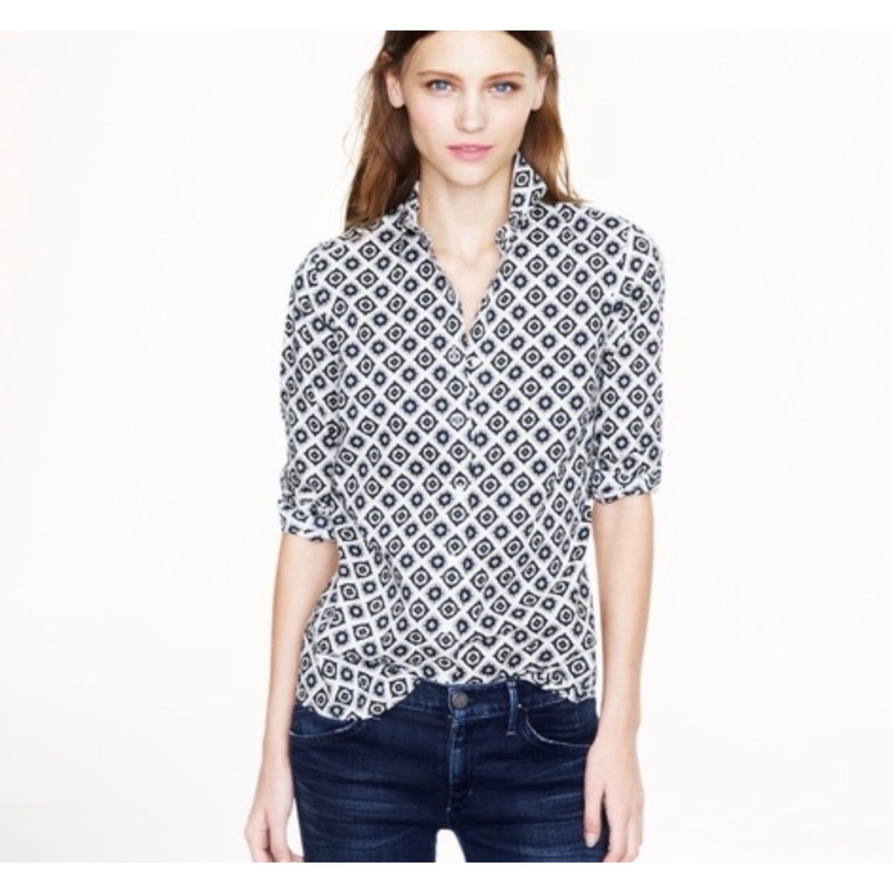 J.Crew Perfect Shirt Women's 2 Navy‎ Blue White Geometric Tile Print Cotton Top